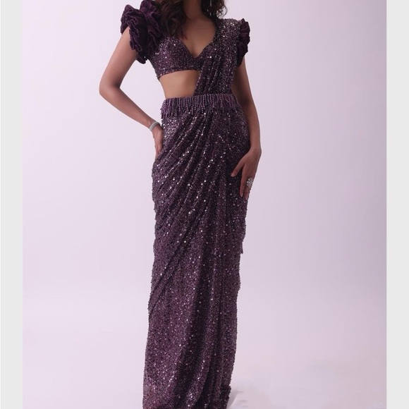 Purple Pre Stitched Embroidered Saree and Blouse Set - Picture 1 of 11